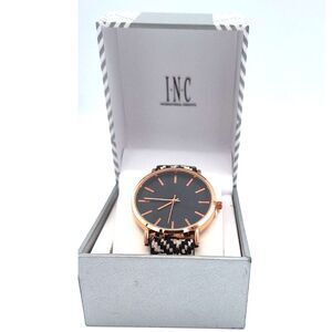 INC International Concepts Women's Rose Gold w/Black & White Woven Strap Watch